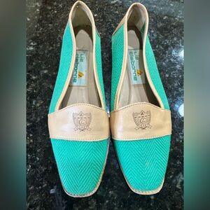 Vintage Liz Claiborne Sport Green Herringbone Loafers Wood Sole Preppy 8